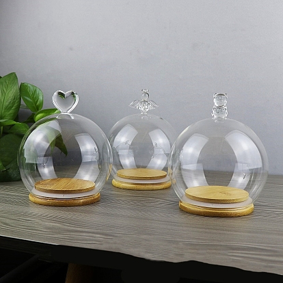 Heart Glass Dome Cover, Decorative Display Case, Cloche Bell Jar, with Wood Base