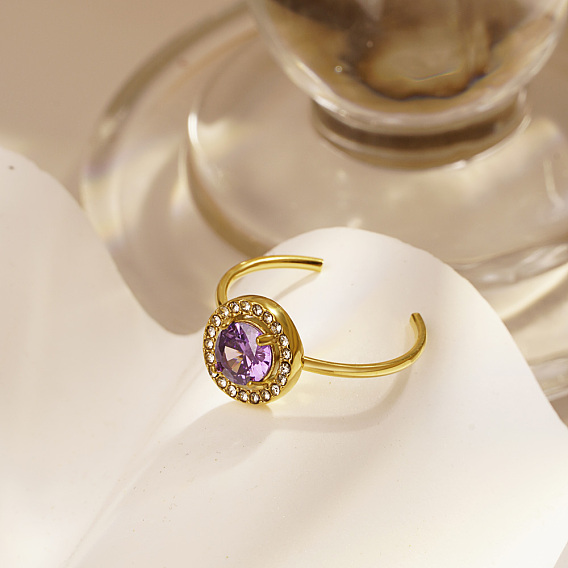 Регулируемые открытые манжеты из нержавеющей стали с микропаве из кубического циркония для женщин, круглые, реальный 18 k позолоченный