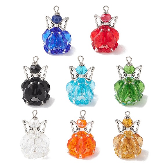 8 шт. Стеклянные подвески, ангельское очарование, с крылом из сплава в тибетском стиле, латунными булавками и бисером., граненые