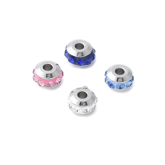 304 бусины из нержавеющей стали и полимерной глины со стразами, рондель, цвет нержавеющей стали