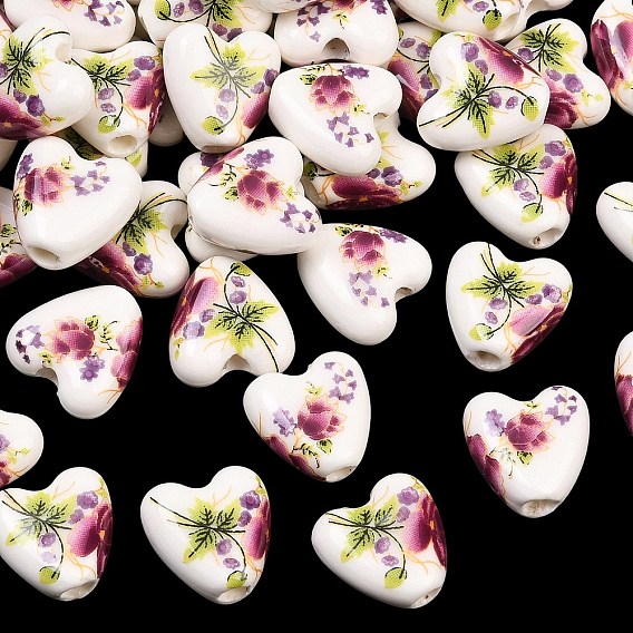 Floral Printed Porcelain Beads, Flower Patterned Ceramic Beads, Heart, 15x15x7mm, Hole: 3mm