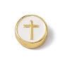 Real 18K Gold Plated Brass Enamel Beads, Long-Lasting Plated, Cadmium Free & Lead Free, Flat Round with Cross