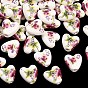 Floral Printed Porcelain Beads, Flower Patterned Ceramic Beads, Heart, 15x15x7mm, Hole: 3mm