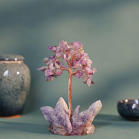 Natural Amethyst Chips Tree of Life Decorations, with Copper Wire Feng Shui Energy Stone Gift for Home Office Desktop Decoration