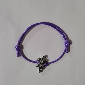 Crocodile Antique Silver Tone Alloy Beaded Bracelets, Adjustable Waxed Polyester Cord Bracelets for Women