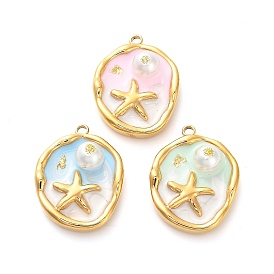 304 нержавеющей стальной эмали подвески, с блестящей пудрой и искусственным жемчугом, плоские круглые с морскими звездами, ионное покрытие (ip), реальный 18 k позолоченный