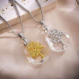 Alloy Glass Tree of Life Teardrop Pendant Box Chain Necklaces for Women