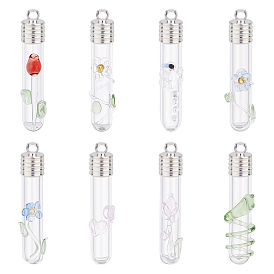7 sets 7 style Clear Glass Long Bottle Pendants, Hanging Tube Wish Bottle Pendant, with Aluminium Alloy Cap and Rubber, Flower Charms & Dragonfly & Snake