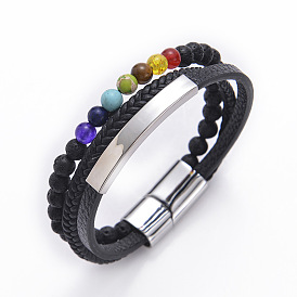 Multi-layer Leather Bracelet with Natural Stone and Tiger Eye Beads, Stainless Steel Magnetic Clasp.