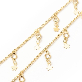 Brass Curb Chains, with Star and Clear Glass Flat Round Charms, Long-Lasting Plated, Soldered, with Spool