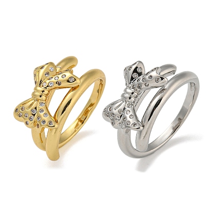 Двойные кольца из латуни с бантом и микро-паве с прозрачным фианитом, для женщин