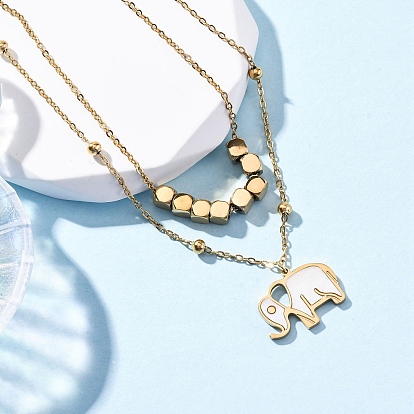 304 подвеска из нержавеющей стали с натуральным белым ракушечным узором в виде слона, двухслойное ожерелье, ионное покрытие (ip)