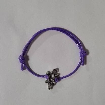 Crocodile Antique Silver Tone Alloy Beaded Bracelets, Adjustable Waxed Polyester Cord Bracelets for Women
