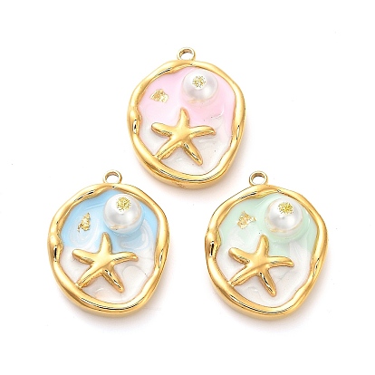 304 нержавеющей стальной эмали подвески, с блестящей пудрой и искусственным жемчугом, плоские круглые с морскими звездами, ионное покрытие (ip), реальный 18 k позолоченный