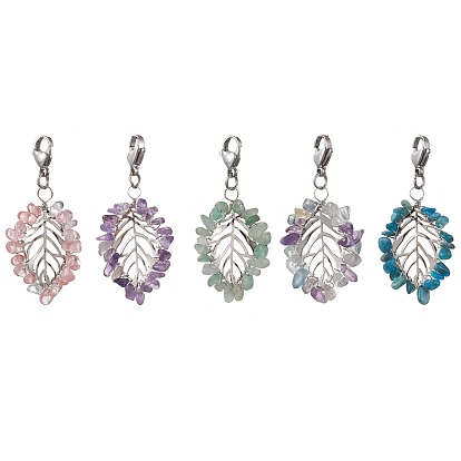 Natural & Synthetic Gemstone Pendant Decorations, with Iron Findings and 304 Stainless Steel Lobster Claw Clasps, Leaf
