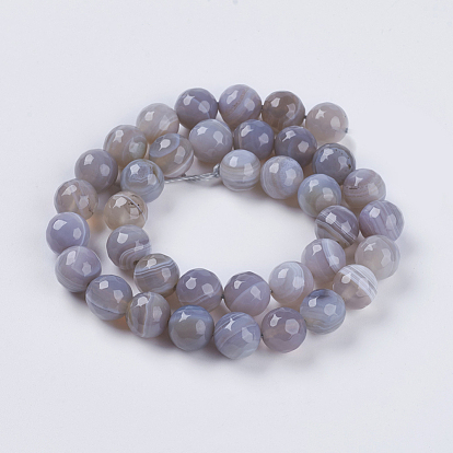 Natural Striped Agate/Banded Agate Beads Strands, Faceted, Round