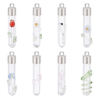 7 sets 7 style Clear Glass Long Bottle Pendants, Hanging Tube Wish Bottle Pendant, with Aluminium Alloy Cap and Rubber, Flower Charms & Dragonfly & Snake