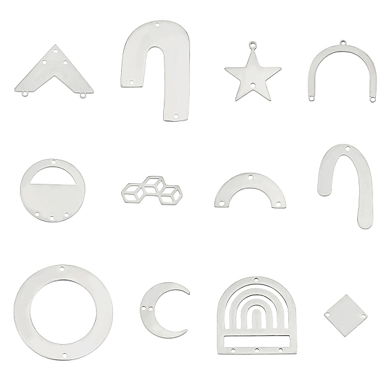 12Pcs 12 Style 201 Stainless Steel Chandelier Component Links, Laser Cut, Mixed Shapes
