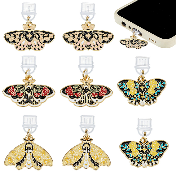8шт 4 стили пластиковые мобильные пылезащитные заглушки, с подвесками из эмали и сплава , Бабочка с цветком