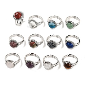 Natural Gemstone Round Adjustable Rings, Platinum Plated Brass Finger Rings for Men