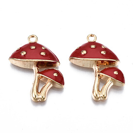 Autumn Theme Eco-Friendly Alloy Enamel Pendants, Cadmium Free & Lead Free & Nickel Free, Mushroom, Light Gold