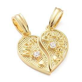 Brass Cubic Zirconia Hanger Pendants, Long-Lasting Plated, Heart with Word Mom and Daughter