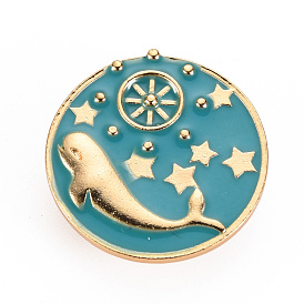 Alloy Enamel Brooches, Enamel Pins, with Brass Butterfly Clutches, Flat Round with Whale Shape, Cadmium Free & Nickel Free & Lead Free, Light Gold