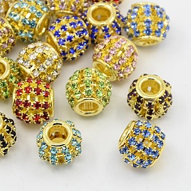 Perles Européennes en laiton strass, Perles avec un grand trou   , rondelle, métal couleur or, 12x10mm, Trou: 4mm