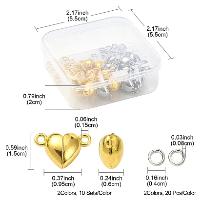 20Pcs 2 Colors Heart Alloy Magnetic Clasps, with 40Pcs 2 Colors Brass Jump Rings