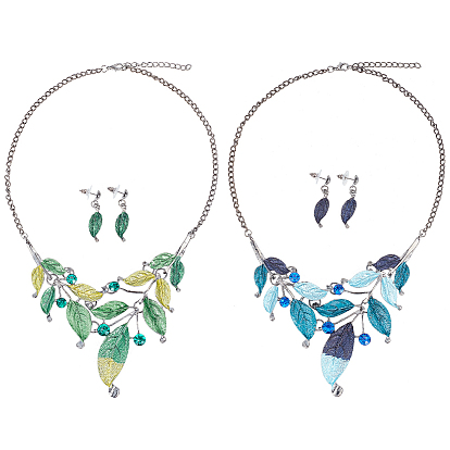 2 наборы 2 цвета сплава эмаль листья подвесные серьги и нагрудник ожерелье, набор украшений для женщин