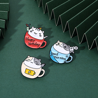 Cute Cat Cartoon Coffee Cup Inspirational Mood Pin Badge Clip