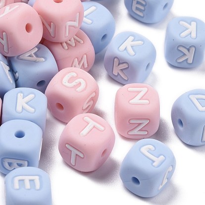 Food Grade Eco-Friendly Silicone Beads, Horizontal Hole, Letter Style, Cube, Light Sky Blue and Pink