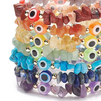 7Pcs Natural & Synthetic Mixed Gemstone Chips & Resin Evil Eye Beaded Stretch Bracelets Set, Lucky Jewelry for Women