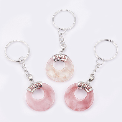 Gemstone Keychain, with Platinum Plated Iron Key Rings and Brass Findings, Flat Round