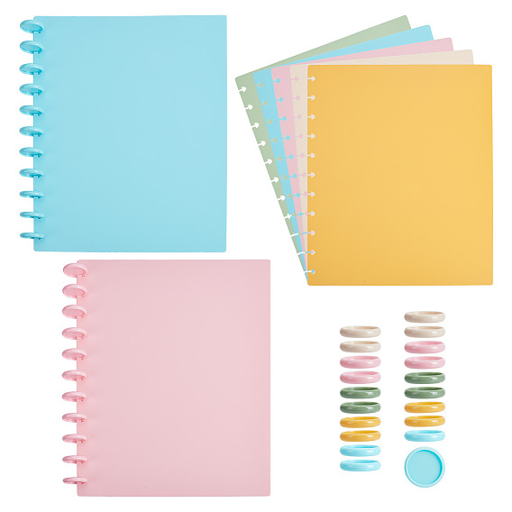 10Pcs 5 Colors Rectangle PP Plastic Binder Diary Notebook Cover, with 55Pcs 5 Colors Loose Leaf Ring