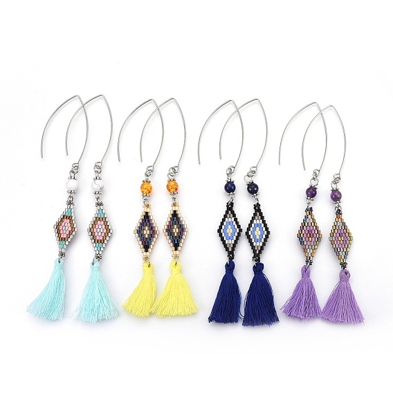 Tassels Dangle Earrings, with Natural Gemstone Beads, Seed Beads and Stainless Steel Finding