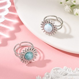 Natural Larimar Cabochons & Stainless Steel Cuff Open Rings, Sun, Stainless Steel Color