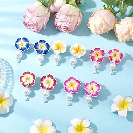 Полимерная глина 3d серьги-гвоздики с подвесками в виде плюмерии, с имитацией жемчуга из АБС-пластика и латунными штифтами с шаровидной головкой, а также 304 штифтами для проушин и гайками из нержавеющей стали, платина