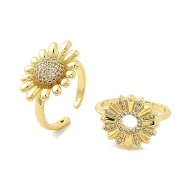 Brass Micro Pave Cubic Zirconia Cuff Rings for Women, Sunflower