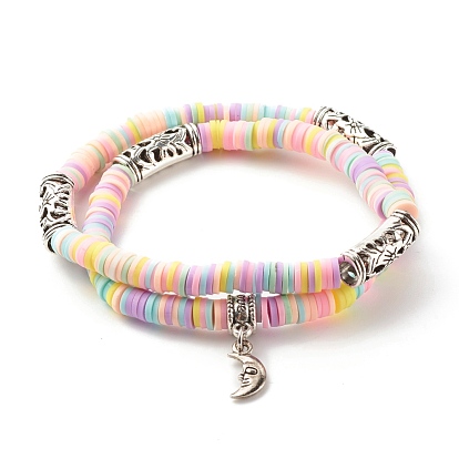 Bracelet enroulé de perles heishi en argile polymère fait à la main, mot amour lune alliage charme deux boucles bracelet pour les femmes