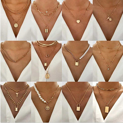 Ожерелья из сплава с подвесками из многослойной цепи для женщин, золотые