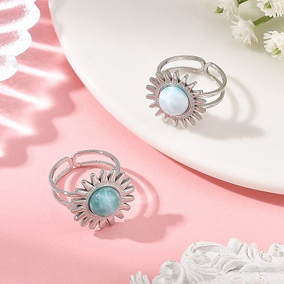 Natural Larimar Cabochons & Stainless Steel Cuff Open Rings, Sun, Stainless Steel Color