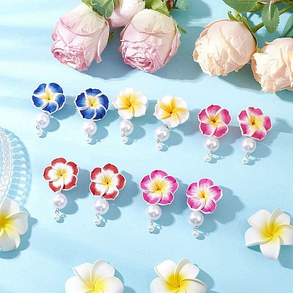 Полимерная глина 3d серьги-гвоздики с подвесками в виде плюмерии, с имитацией жемчуга из АБС-пластика и латунными штифтами с шаровидной головкой, а также 304 штифтами для проушин и гайками из нержавеющей стали, платина