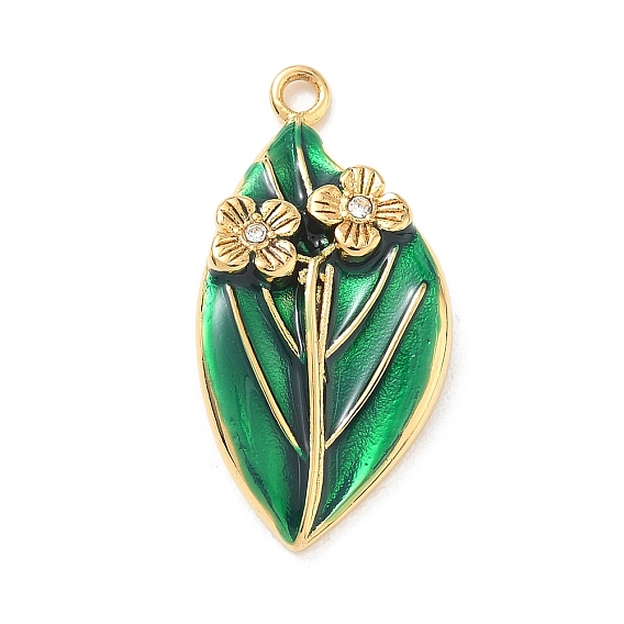 304 Stainless Steel Micro Pave Clear Cubic Zirconia Pendants, with Green Enamel, Leaf and Flower Charms