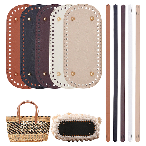 5Pcs 5 Colors PU Leather Oval Bottom, for Knitting Bag, Women Bags Handmade DIY Accessories, with 10Pcs 5 Colors PU Imitation Leather Bag Straps