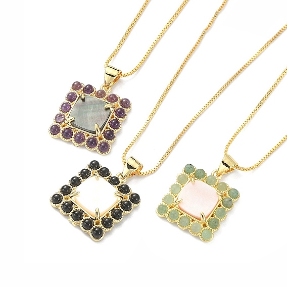 Natural Mixed Gemstone & Shell Rectangle Pendant Necklace, Real 18K Gold Plated Brass Jewelry