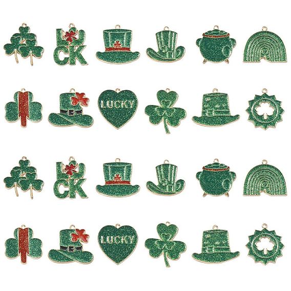 24Pcs 12 Styles Saint Patrick's Day Glitter Alloy Enamel Pendants, Light Gold