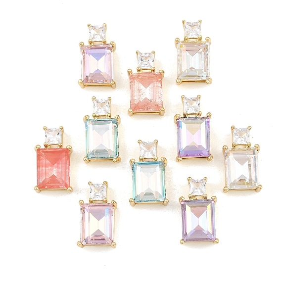 Brass Glass Pendants, Rectangle Charms, Faceted