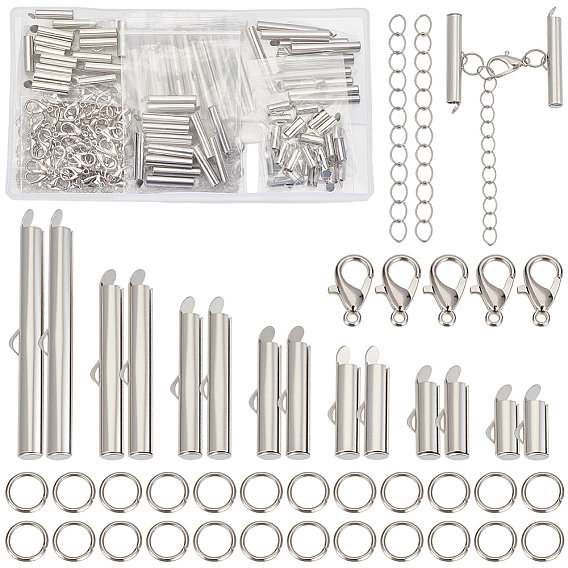140Pcs 7 Styles Iron Slide On End Clasp Tubes, 70Pcs Zinc Alloy Lobster Claw Clasps, 70Pcs Iron Chain Extender, 350Pcs Iron Open Jump Rings