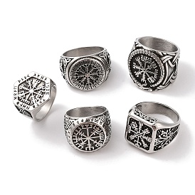 Viking 304 Stainless Steel Vegvisir & Helm of Awe Wide Finger Rings for Mens, Antique Silver